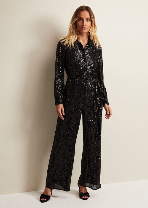 Alessandra Black Sequin Shirt Jumpsuit