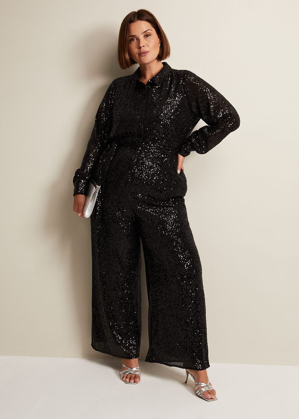Alessandra Black Sequin Shirt Jumpsuit