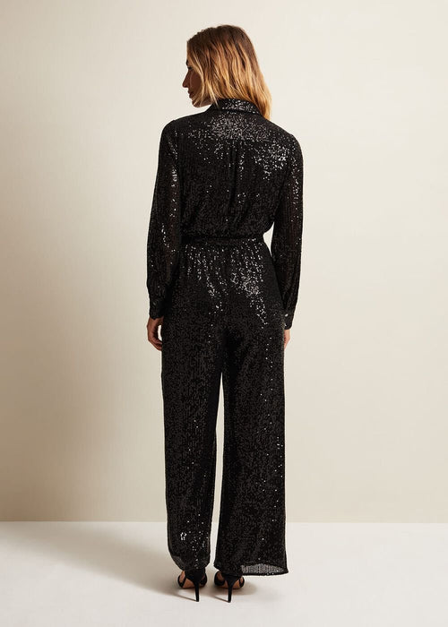 Alessandra Black Sequin Shirt Jumpsuit
